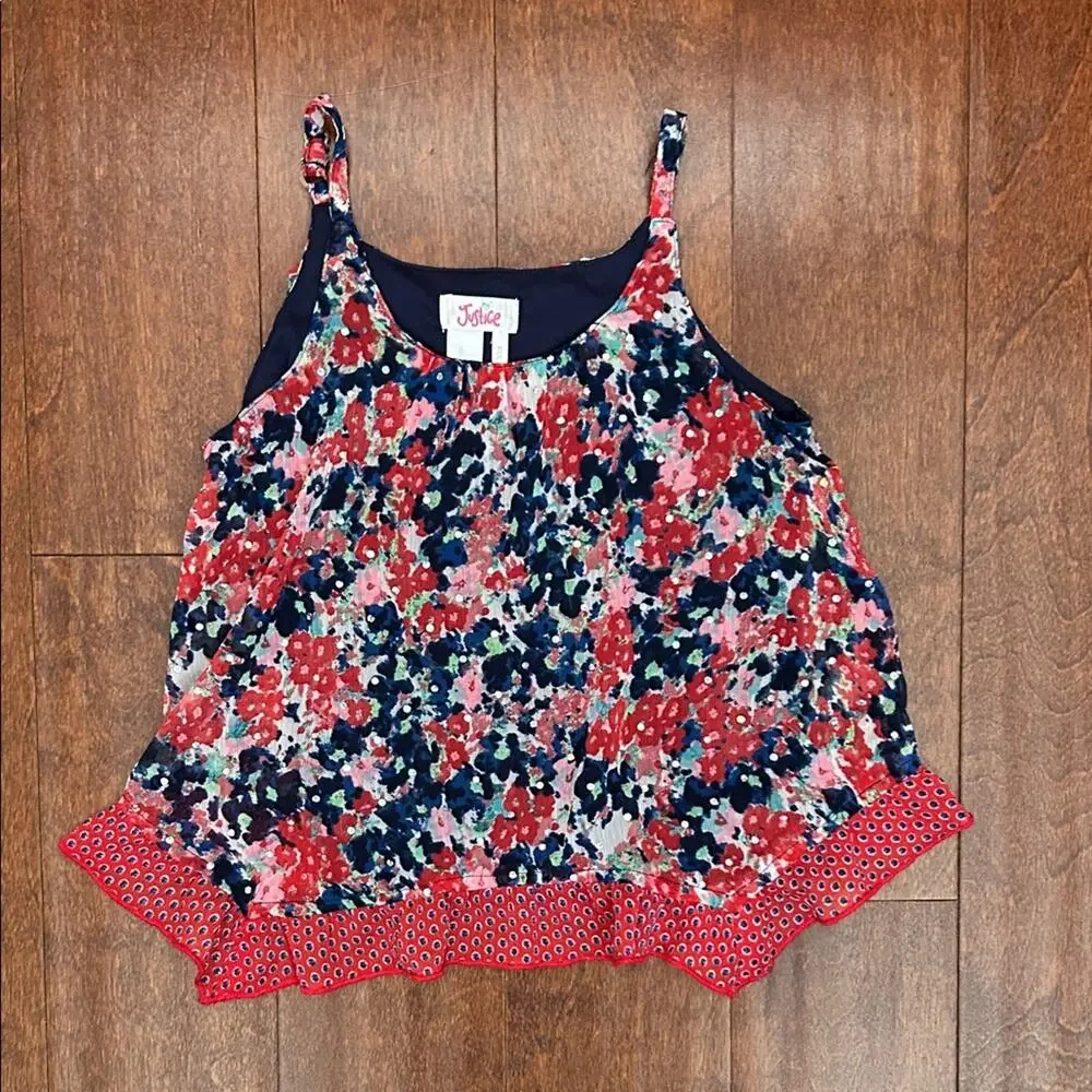 Justice Girl’s Red and Blue Floral Camisole Top with Shimmer Dots, Size 7